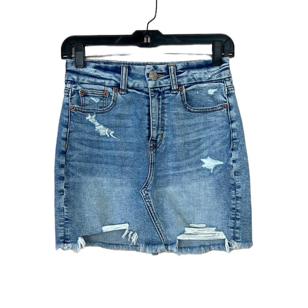 American Eagle Denim Skirt High Waisted Mini Distressed Medium Wash Jean Curvy 0
